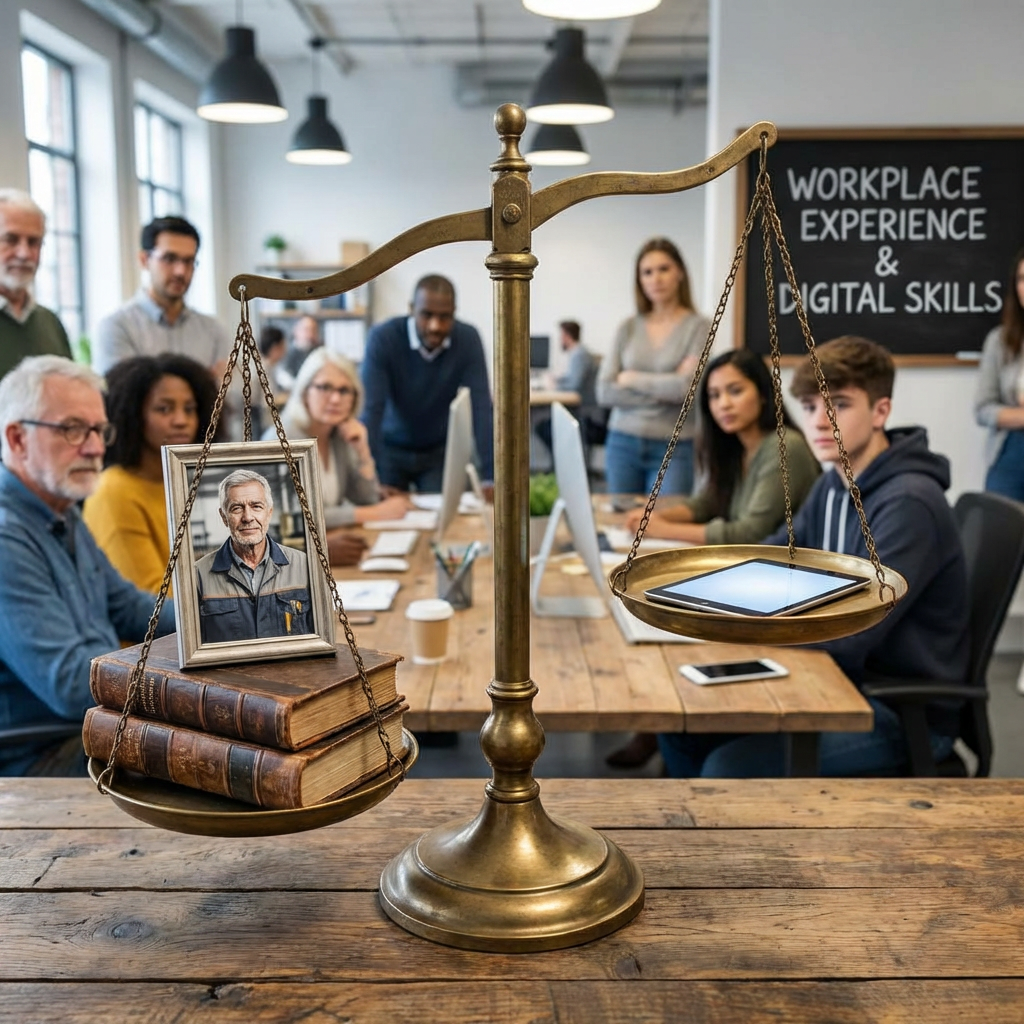Scale weighing books and photo against tablet before WORKPLACE EXPERIENCE & DIGITAL SKILLS text.