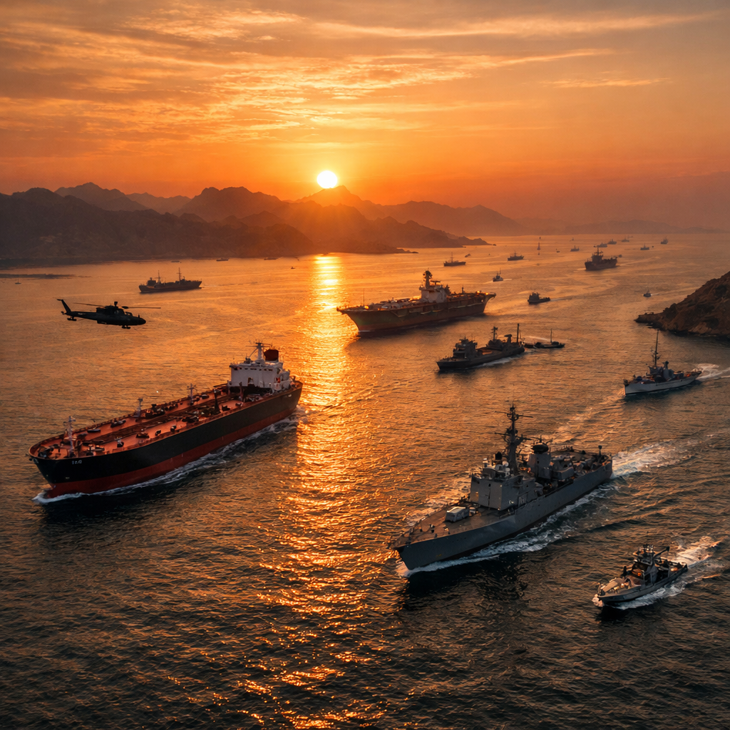 Multiple naval and cargo ships sailing in formation on a calm sea at sunset with a helicopter flying nearby