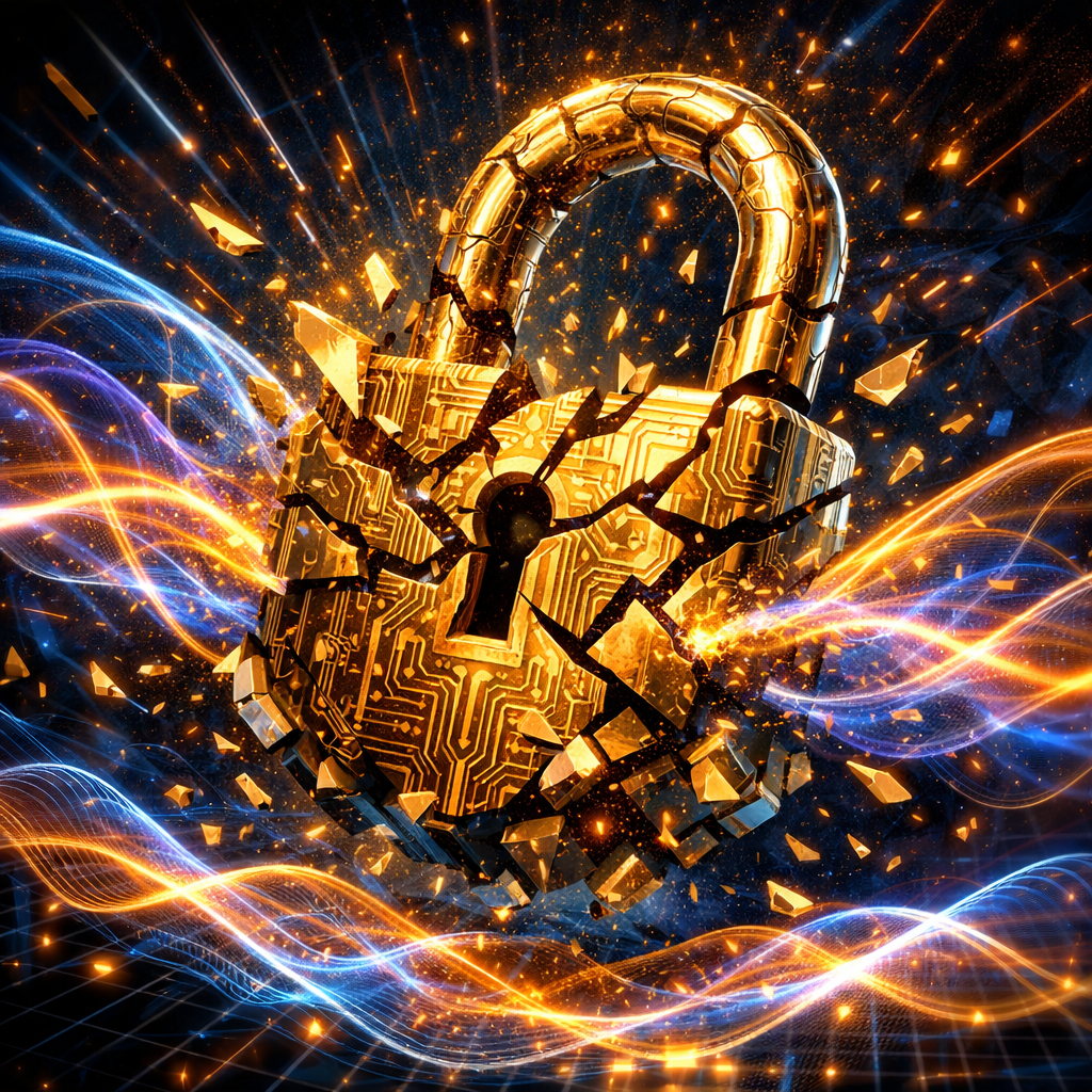 Golden padlock with circuit pattern cracking open surrounded by orange and blue energy waves