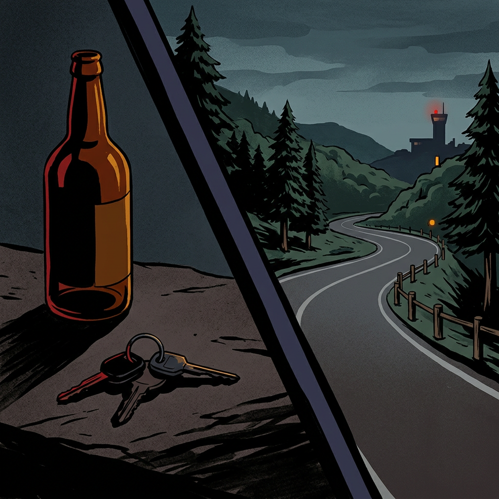 Bottle and car keys beside a winding mountain road at night