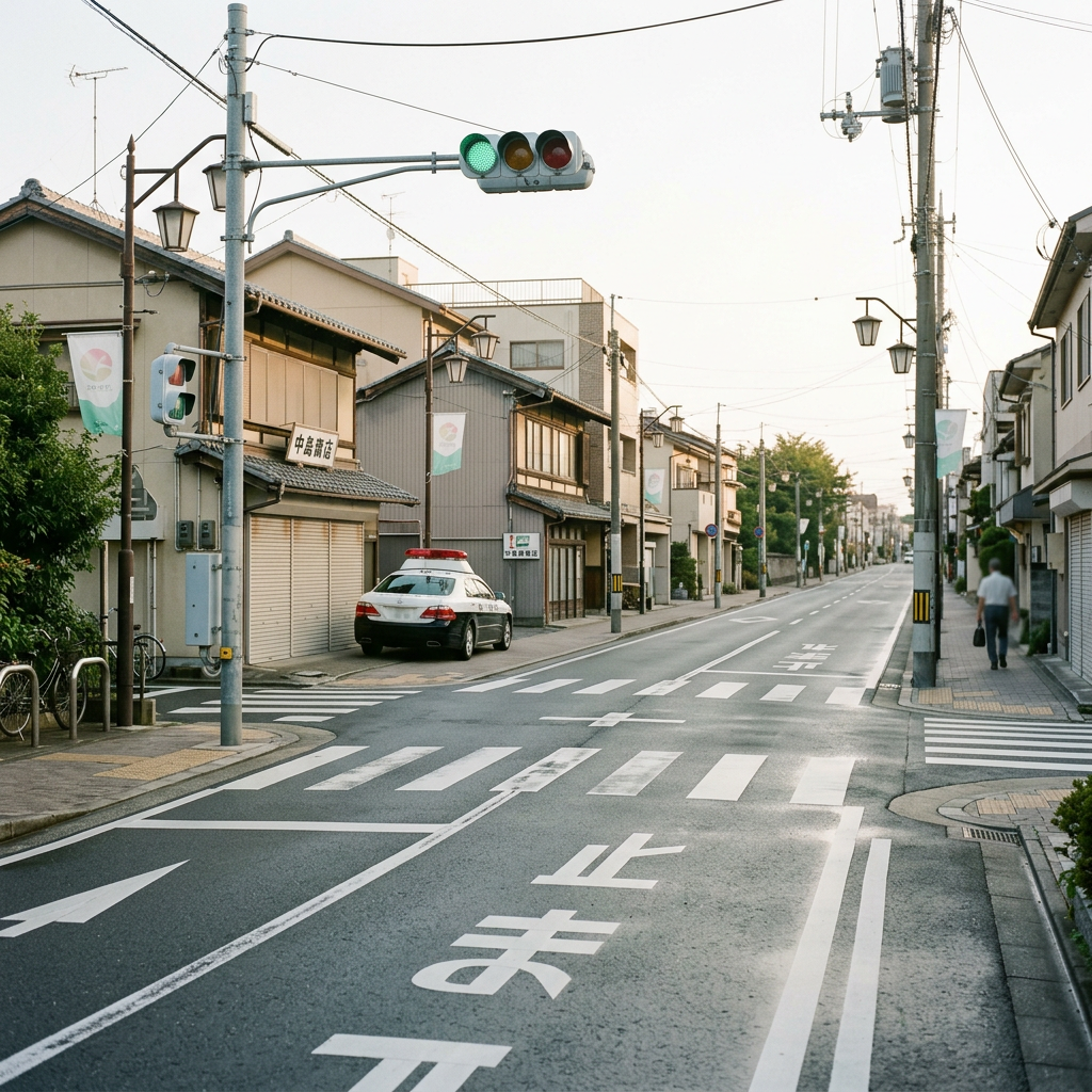 Japanese neighborhood street with traffic lights, police car, crosswalks, 中島商店, and 止まれ markings