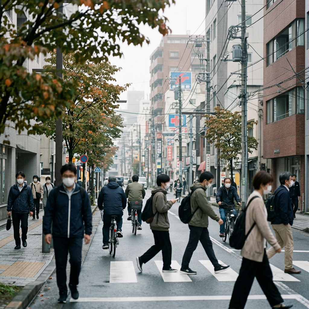 Masked commuters on Japanese city street