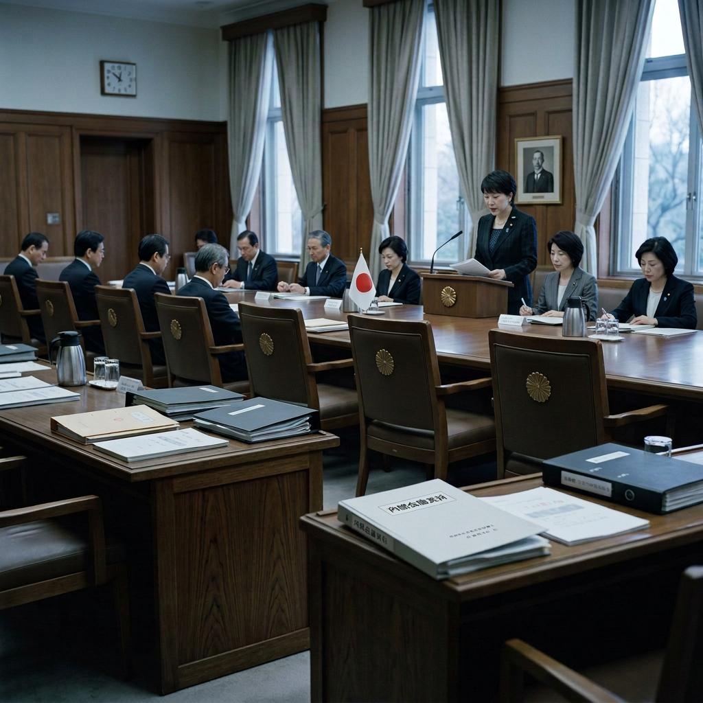 Wood-paneled meeting room with tables, chairs, documents, and refreshments