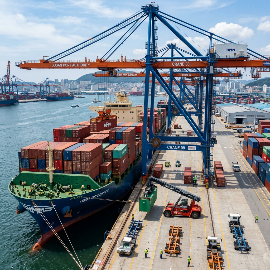 Container ship HMM Intregrity docked beneath cranes at Busan Port