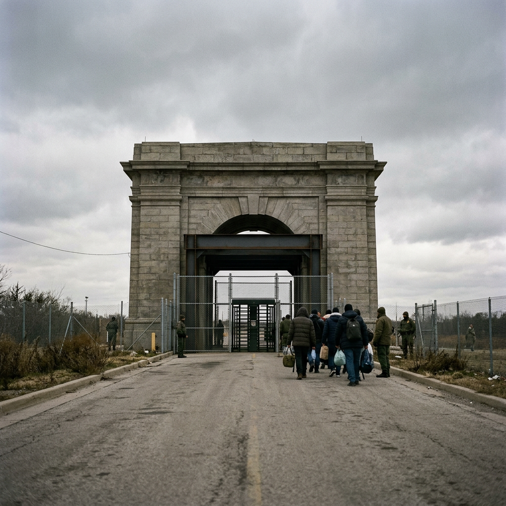 Travelers approach a guarded stone entrance behind chain-link fences