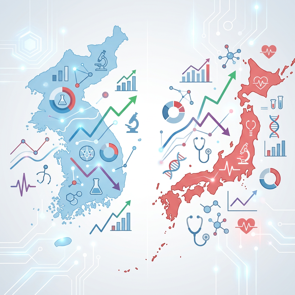 Blue Korea and red Japan maps surrounded by healthcare data icons